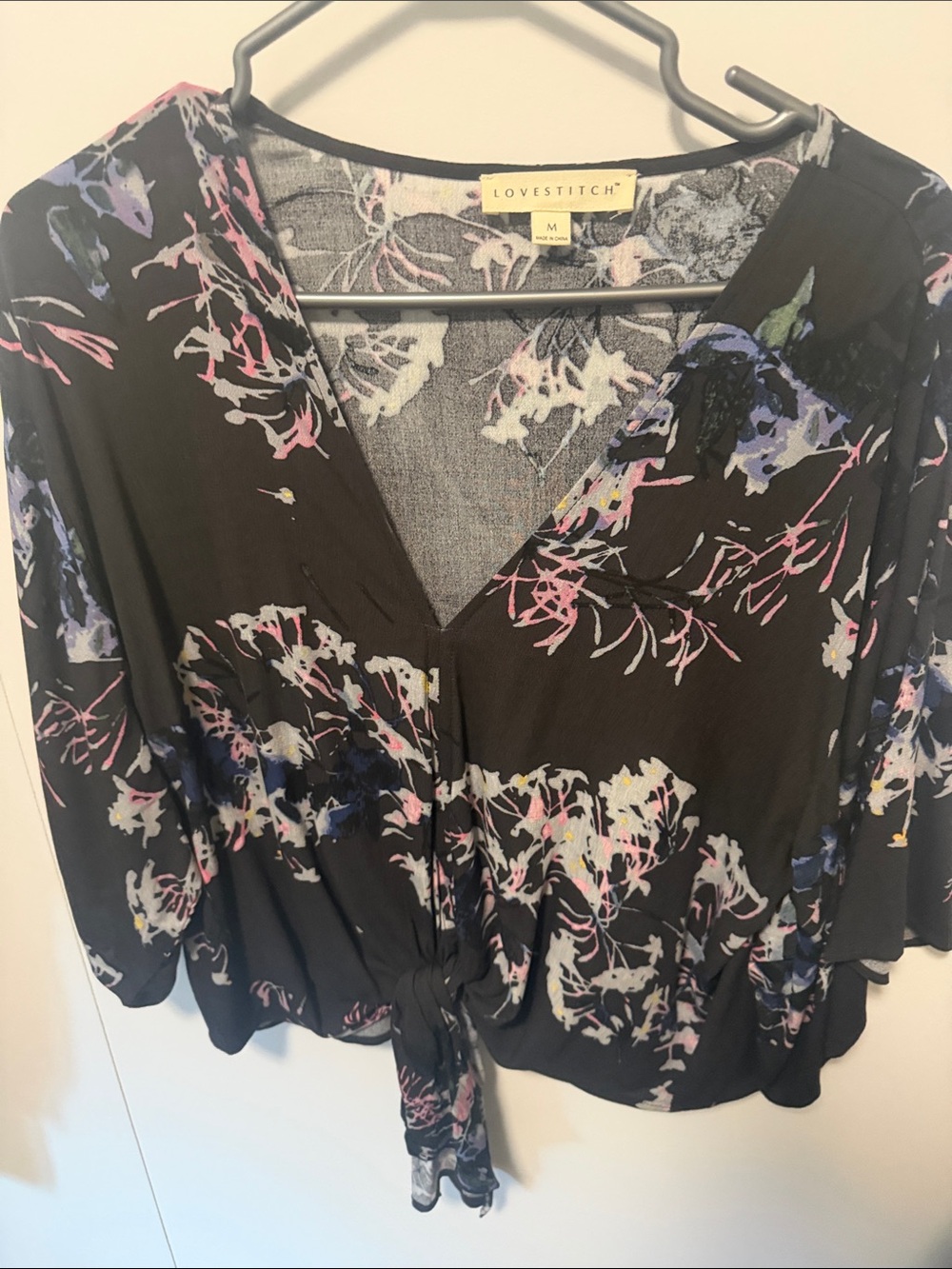 lovestitch Black Floral Tie-Front V-Neck Blouse with Pink, Purple & Blue Accents